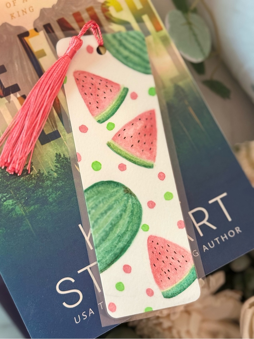 Hand-Painted Watercolor Bookmark- Watermelon with pink tassel